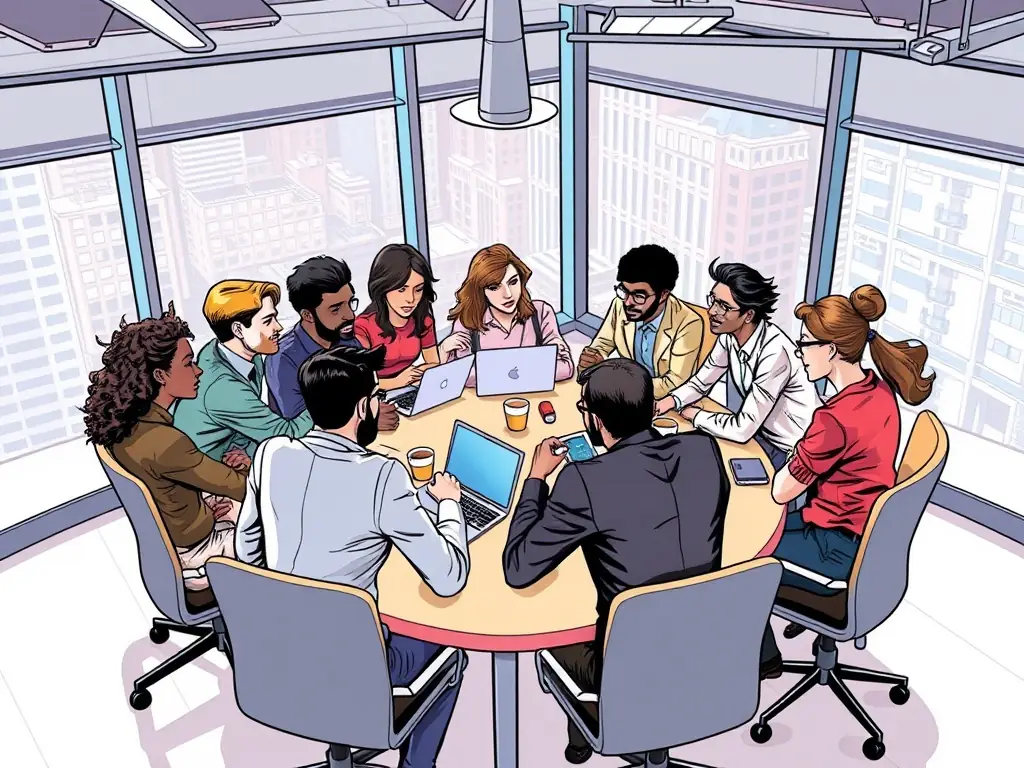 An image of a diverse team of business professionals collaborating on a project, discussing financial data and planning for sustainable growth in a modern office environment.