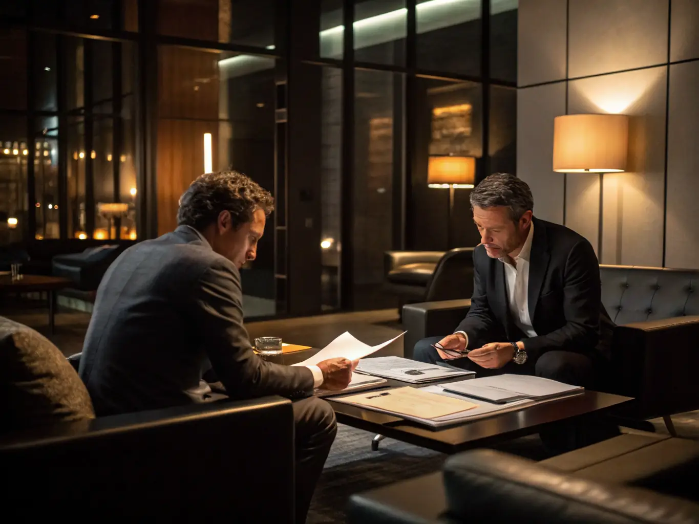 An image of a business coach working with a client in a modern office setting, reviewing financial documents and discussing investment strategies. The atmosphere is professional and collaborative.