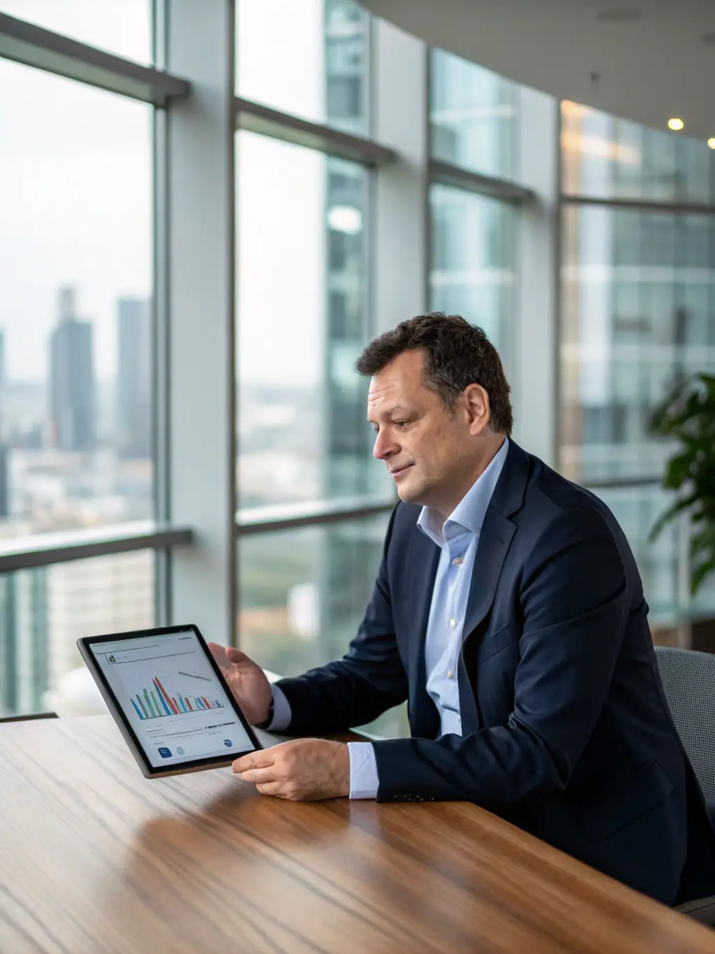 A professional business coach in a sharp suit, advising a client in a modern office setting, focusing on investment strategies.