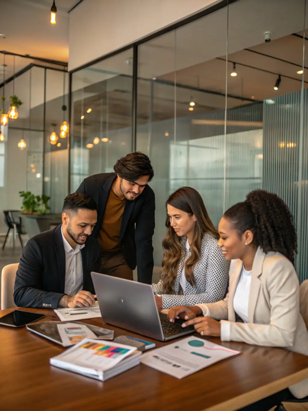 A diverse team of professionals collaborating on a project, symbolising the importance of teamwork and strategic partnerships for sustainable growth.